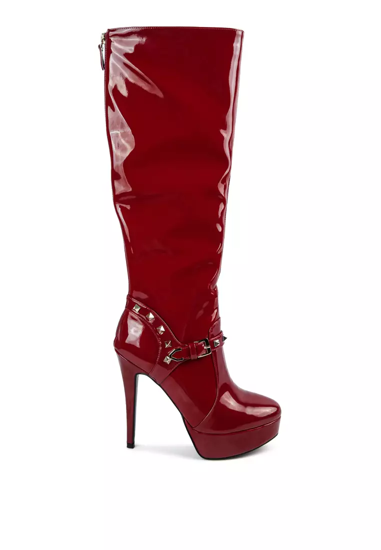Discount on London Rag  shoes - SKU: Burgundy Patent Stiletto Heeled Mid Calf Boots