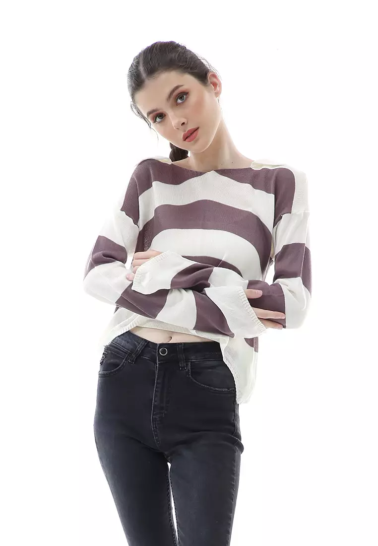 Vilia Rajut Crop Atasan Wanita Oversize Motif Stripe Garis Relaxed Fit - Burgundy