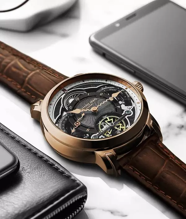 Jam Tangan Pria Automatic Analog Stuhrling Celestial 1017-04 Dual Time Skeleton
