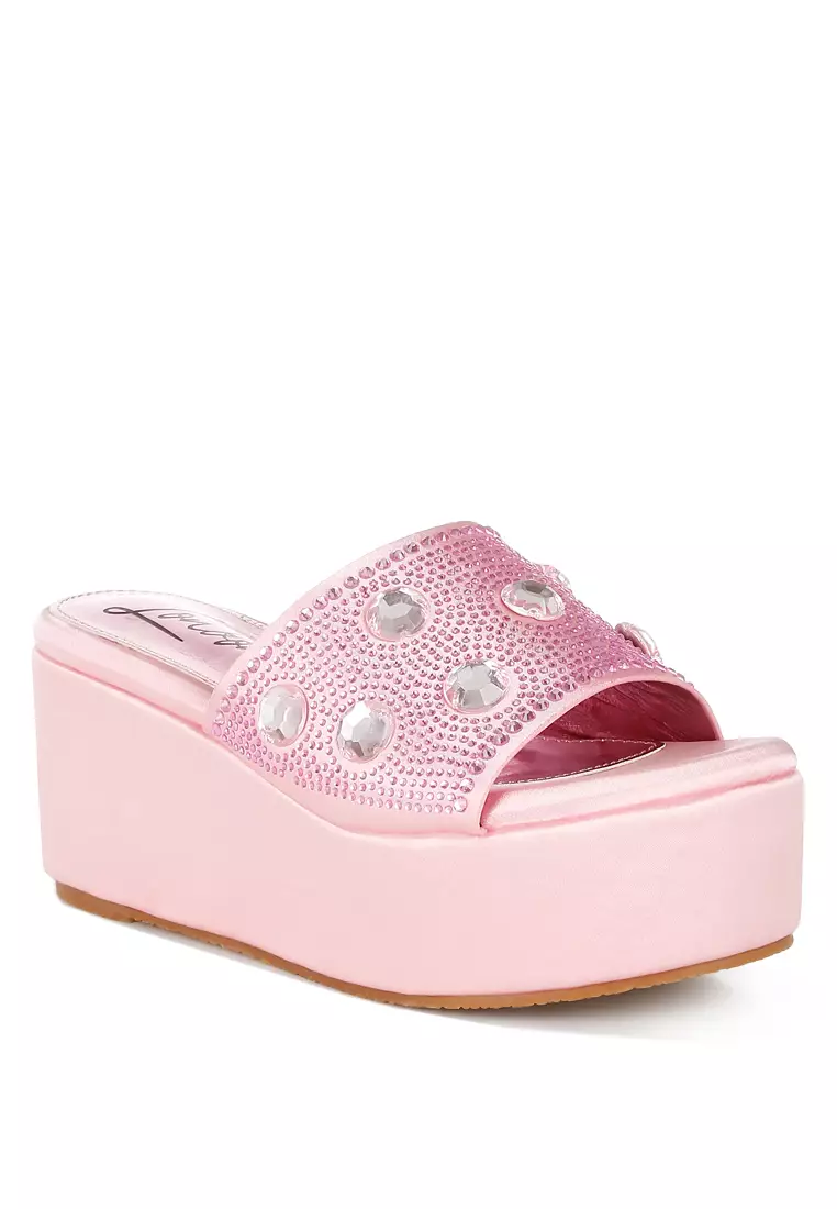 Sandal Platform Berbahan Berlian Imitasi dan Berlian Imitasi Warna Pink