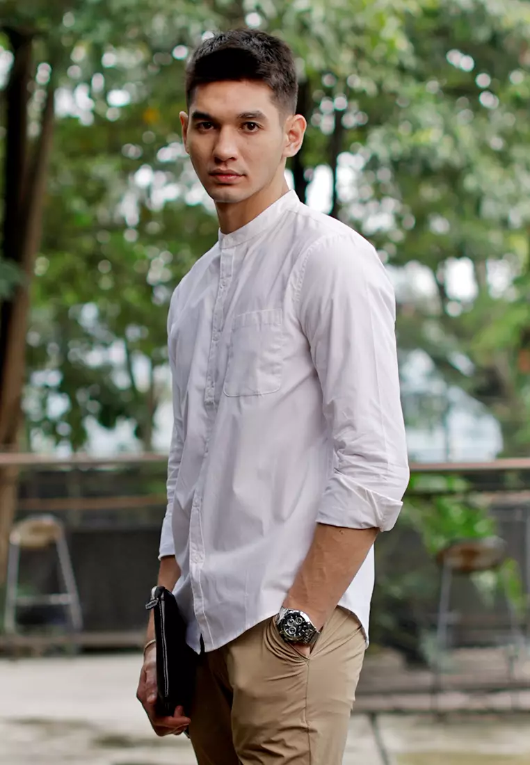 Oxcon Collarless Long Sleeve Business Shirt soft cotton White