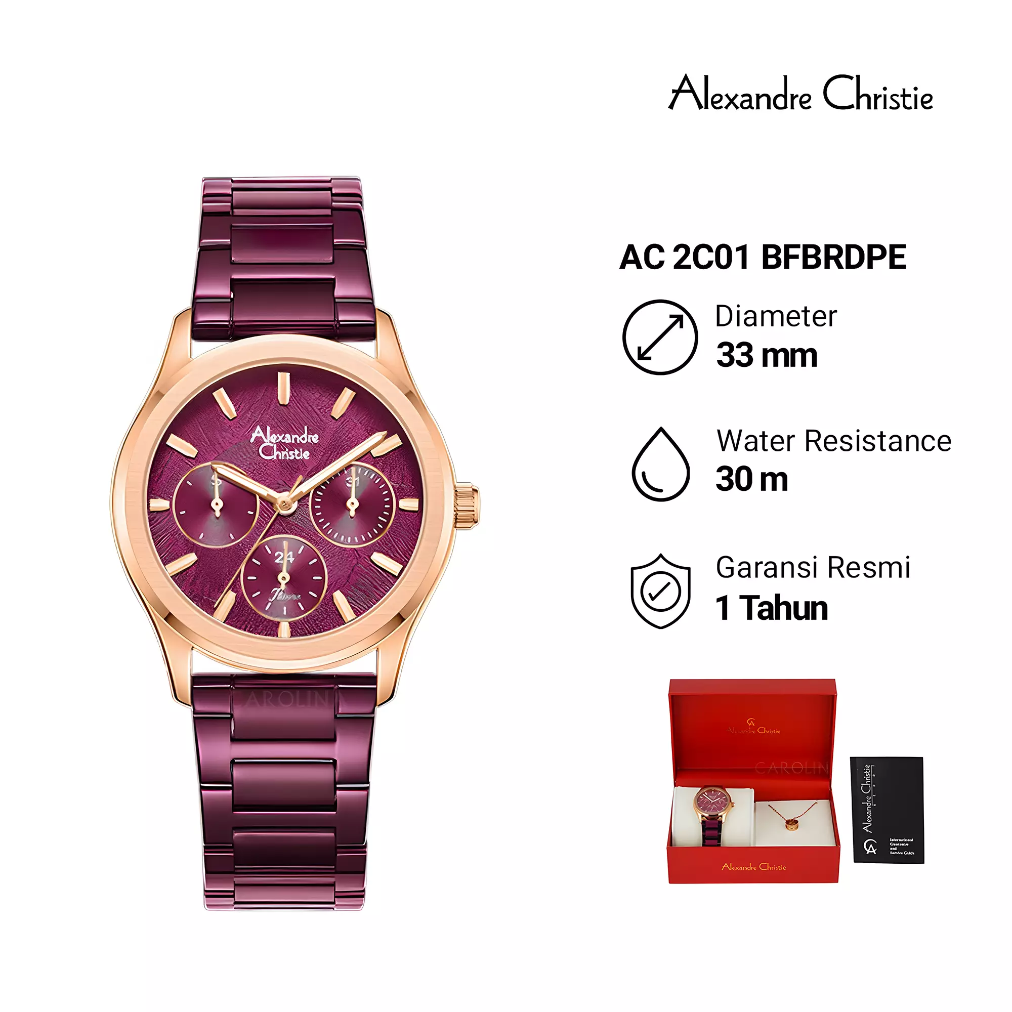 Alexandre Christie - Jam Tangan Analog Wanita - Rose Gold Red - All Stainless Steel - 2C01 BFBRDPE