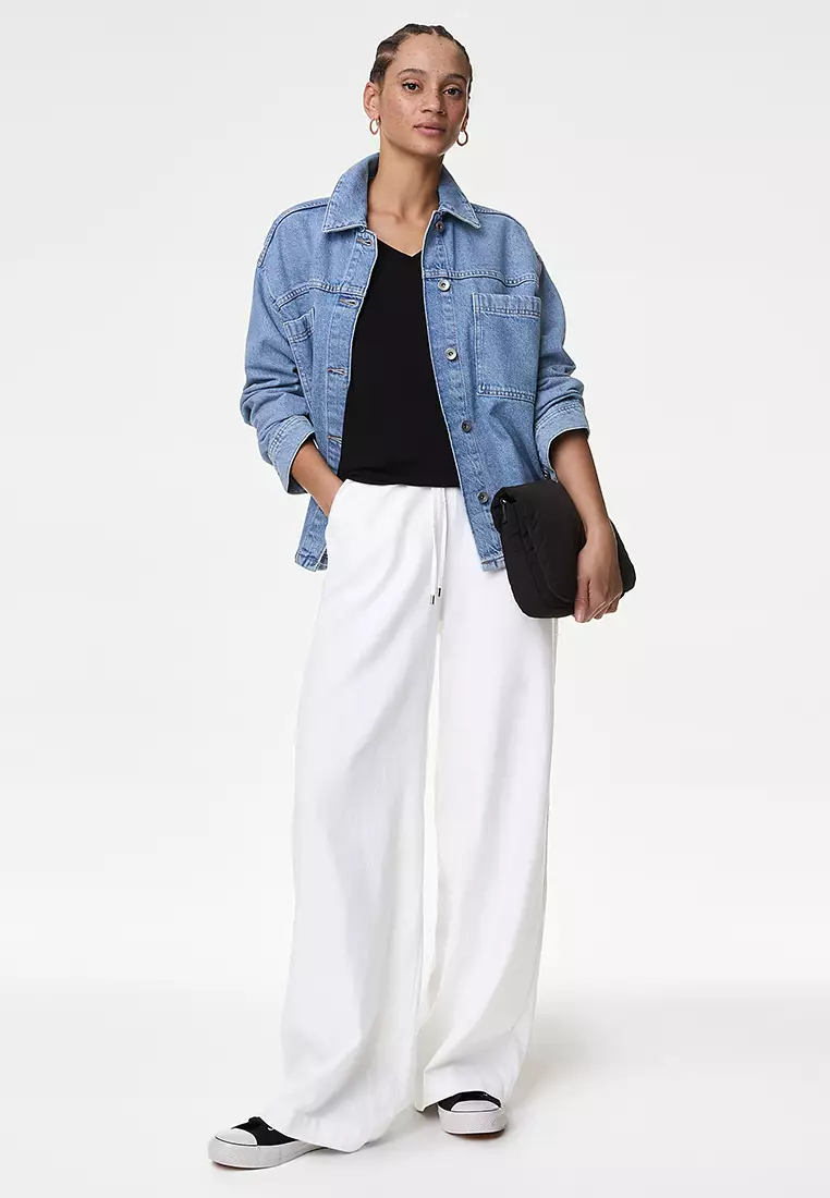 Linen Blend Wide Leg Trousers