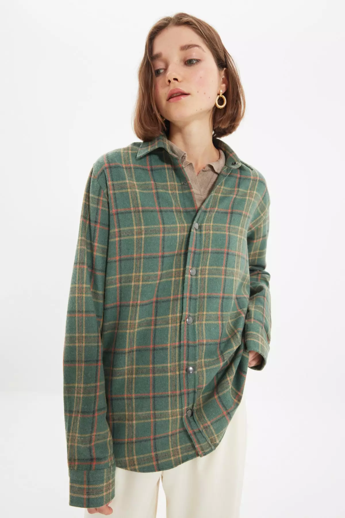 Green Unisex Oversize Plaid Lumberjack Shirt With Snap-In