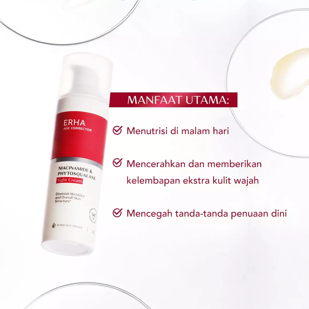 ERHA Age Corrector Niacinamide & Phytosqualane Night Cream 30g - Krim Malam Anti Aging | Melembabkan | Meremajakan Kulit | Meratakan Warna Kulit | Samarkan Garis Halus Keriput Kerutan | Moisturizer | Anti Penuaan | Pelembab