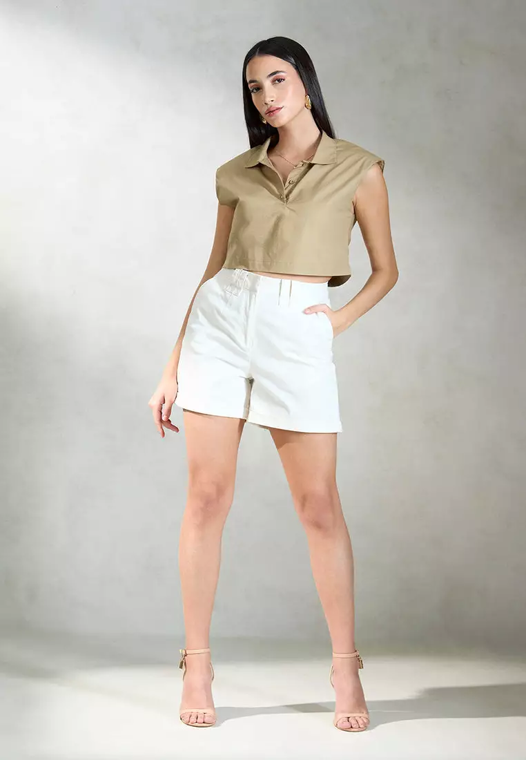 VIRGIO 100% Cotton Crop Shirt With Padded Shoulder