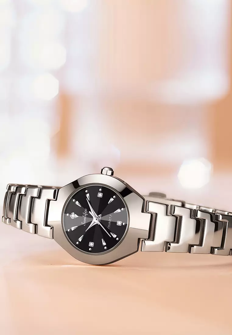 9090 Jam Tangan Wanita Original Berlian Anti Air Kuarsa Bisnis Santai Wanita Jam Tangan Cewek (Kotak Gratis) silver black