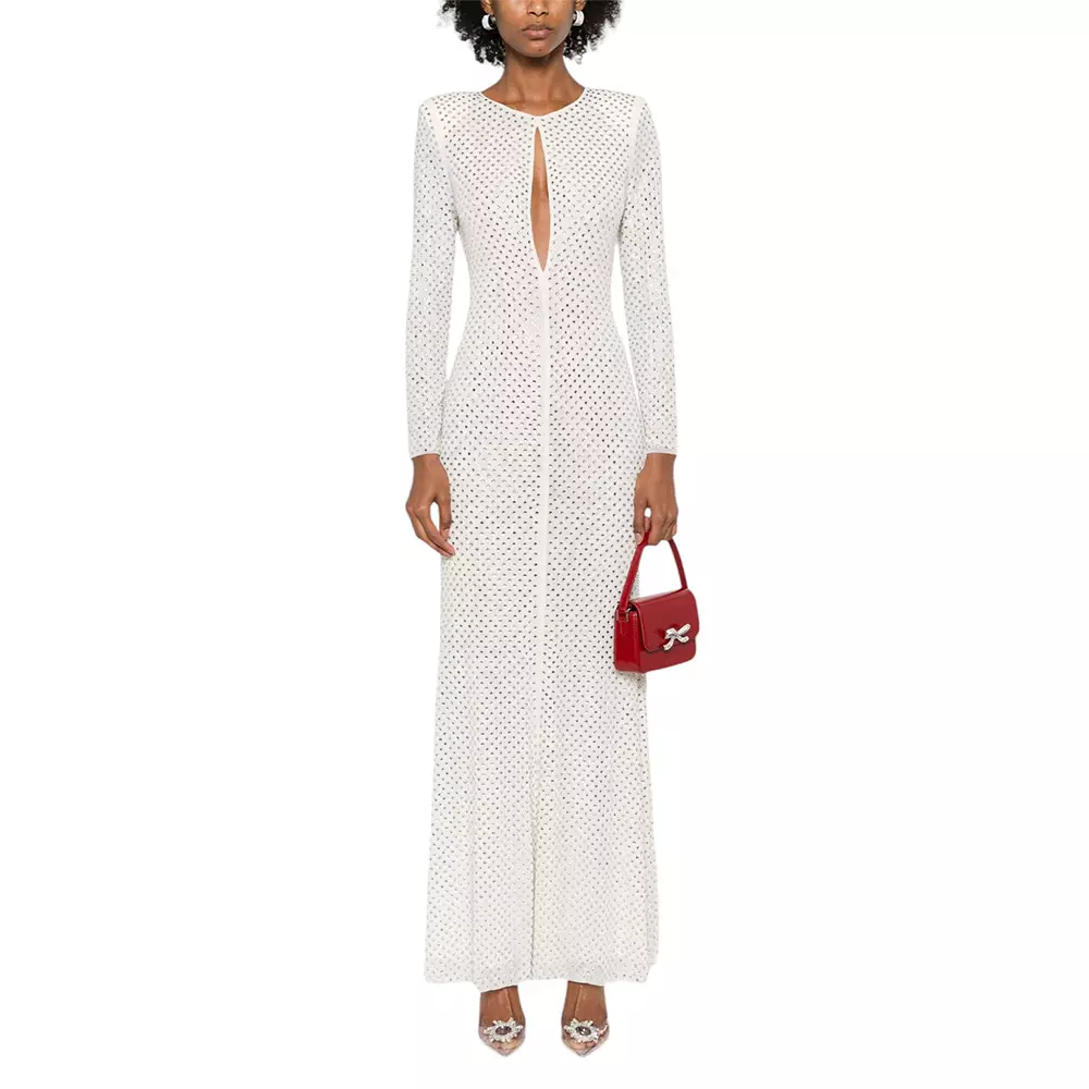 [4.4PRIL KEJUTAN HARGA] Rhinestone Key Hole Long Sleeved Maxi Dress Cream