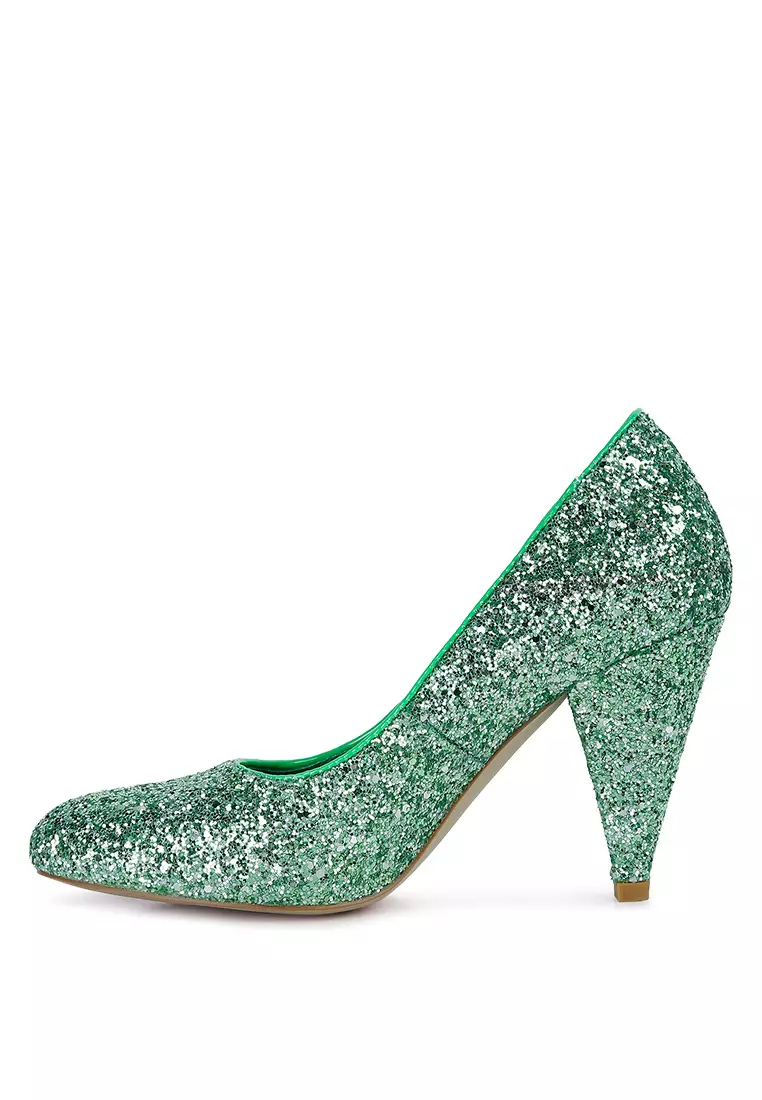 Green Glitter Conical Heel Pumps