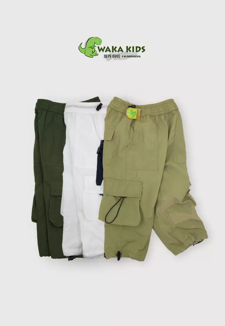 Wakakids Celana Panjang Anak Unisex Cargo Pants Serut Jogger Parasut 055 Vench Putih