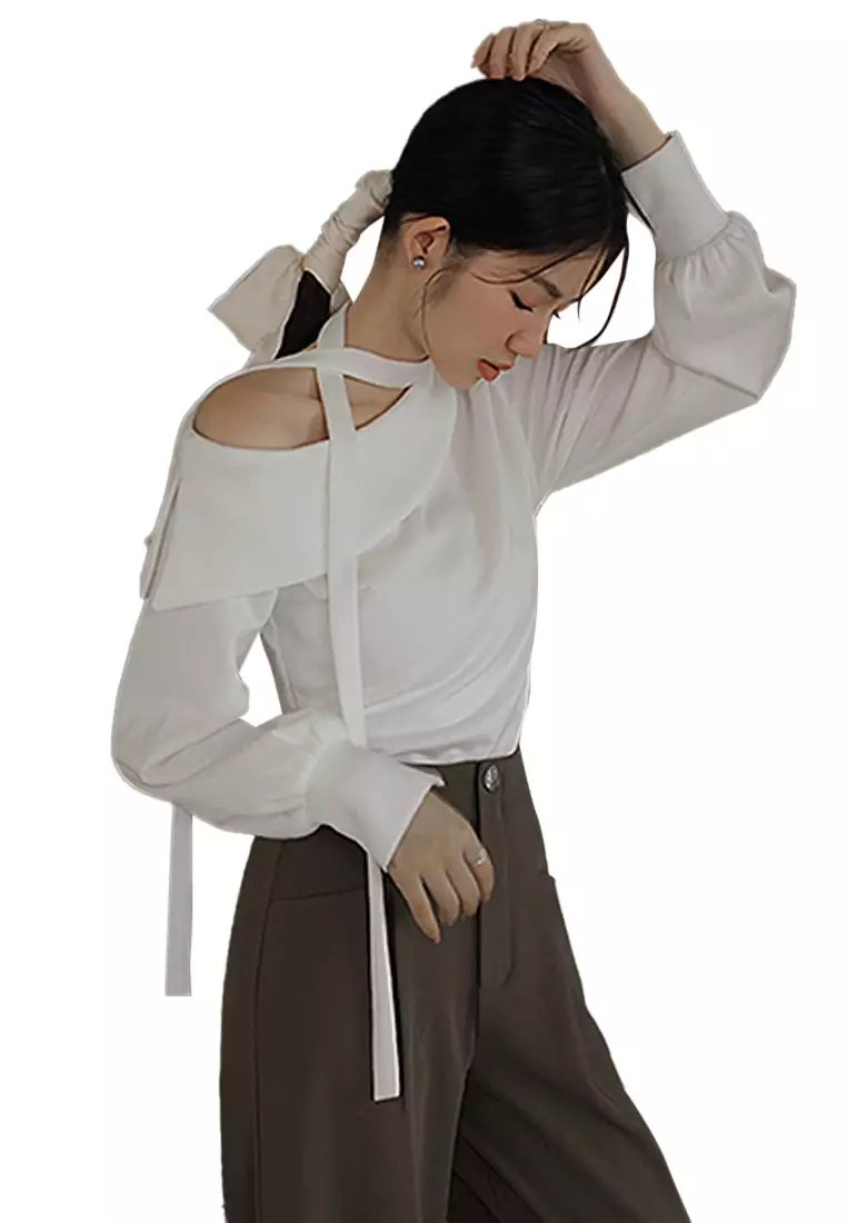 AIR SPACE Neck Scarf Long Sleeve Blouse