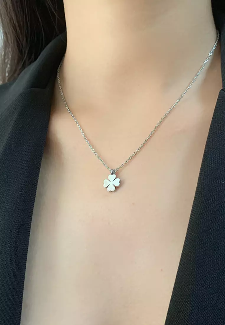 Destiny Four Leaf Clover Necklace + Earrings Jewellery Set in Silver