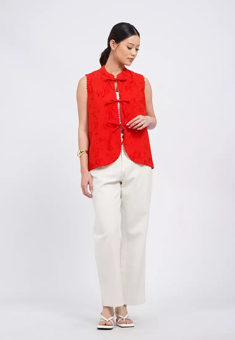 Textured Mandarin Collar Tied Vest  RED