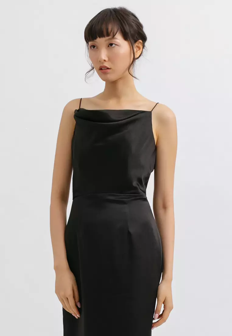 Drapery Neck Backless Maxi Dress in Black