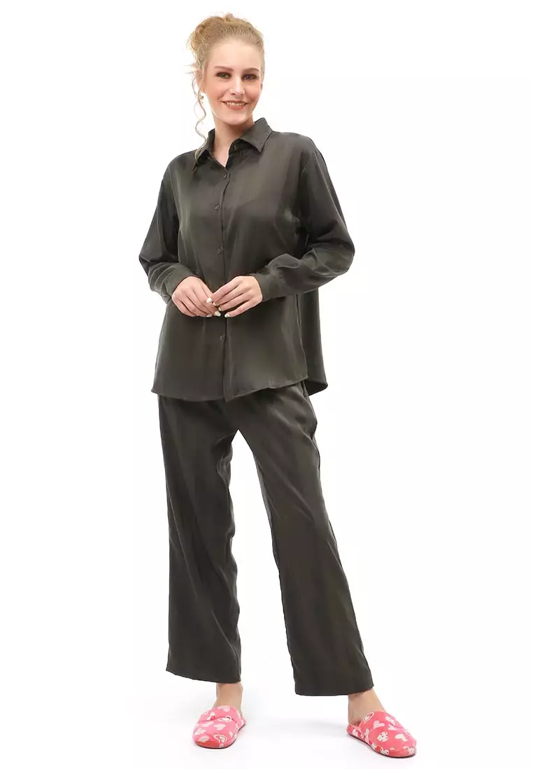 Vance Pajamas Salur Setelan Baju Tidur Wanita Lengan Panjang Material Cotton Silky ORIGINAL - Green