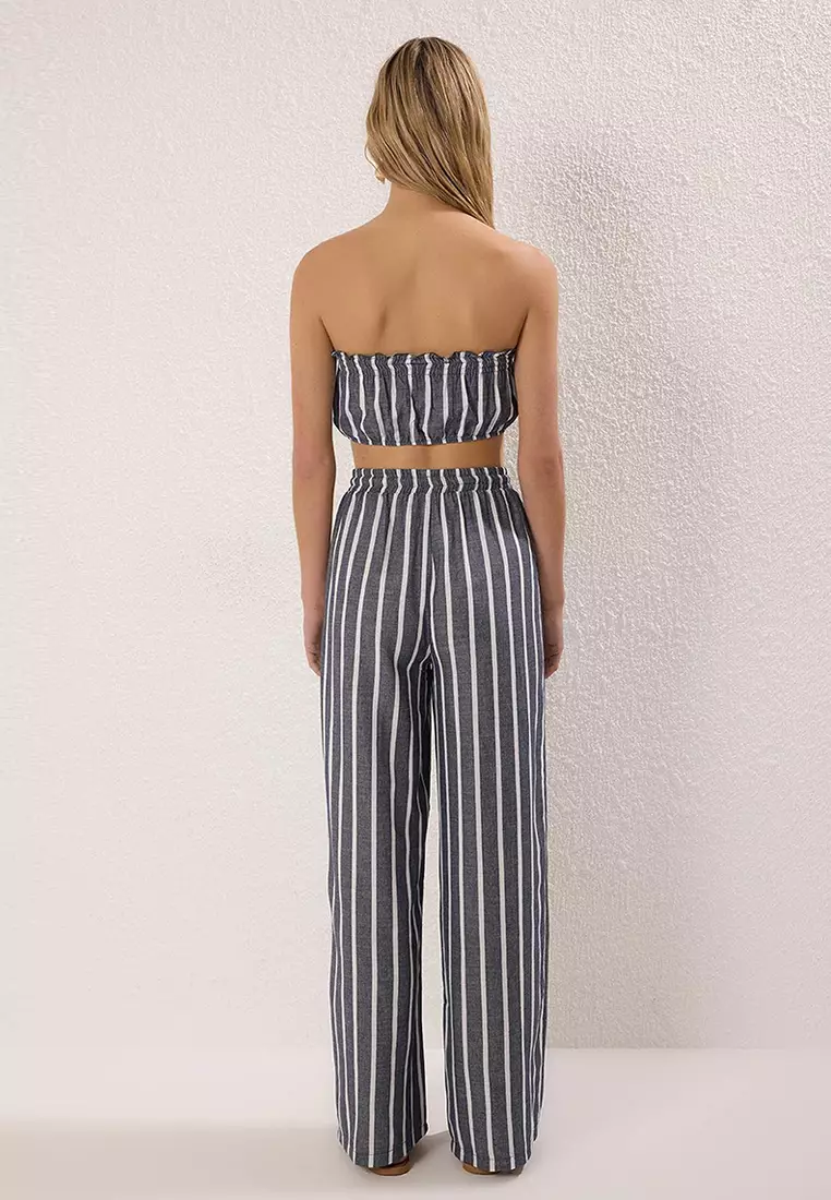 Navy Blue Striped Midi Woven Flamed Cotton Beach Blouse Trouser Set TBESS25AU00111