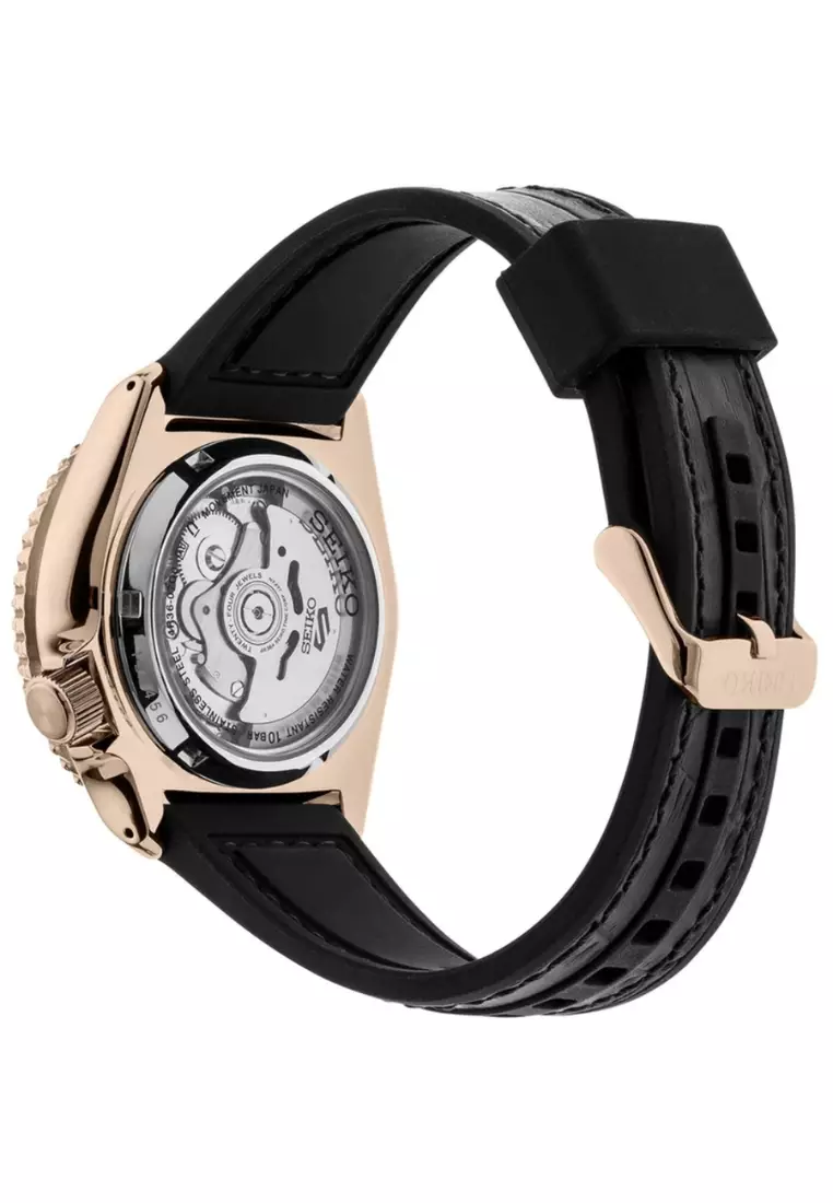 Seiko 5 Sports SKX Series Black Dial With Rose Gold Accents Black Silicone Band Automatic Watch SRPD76K1