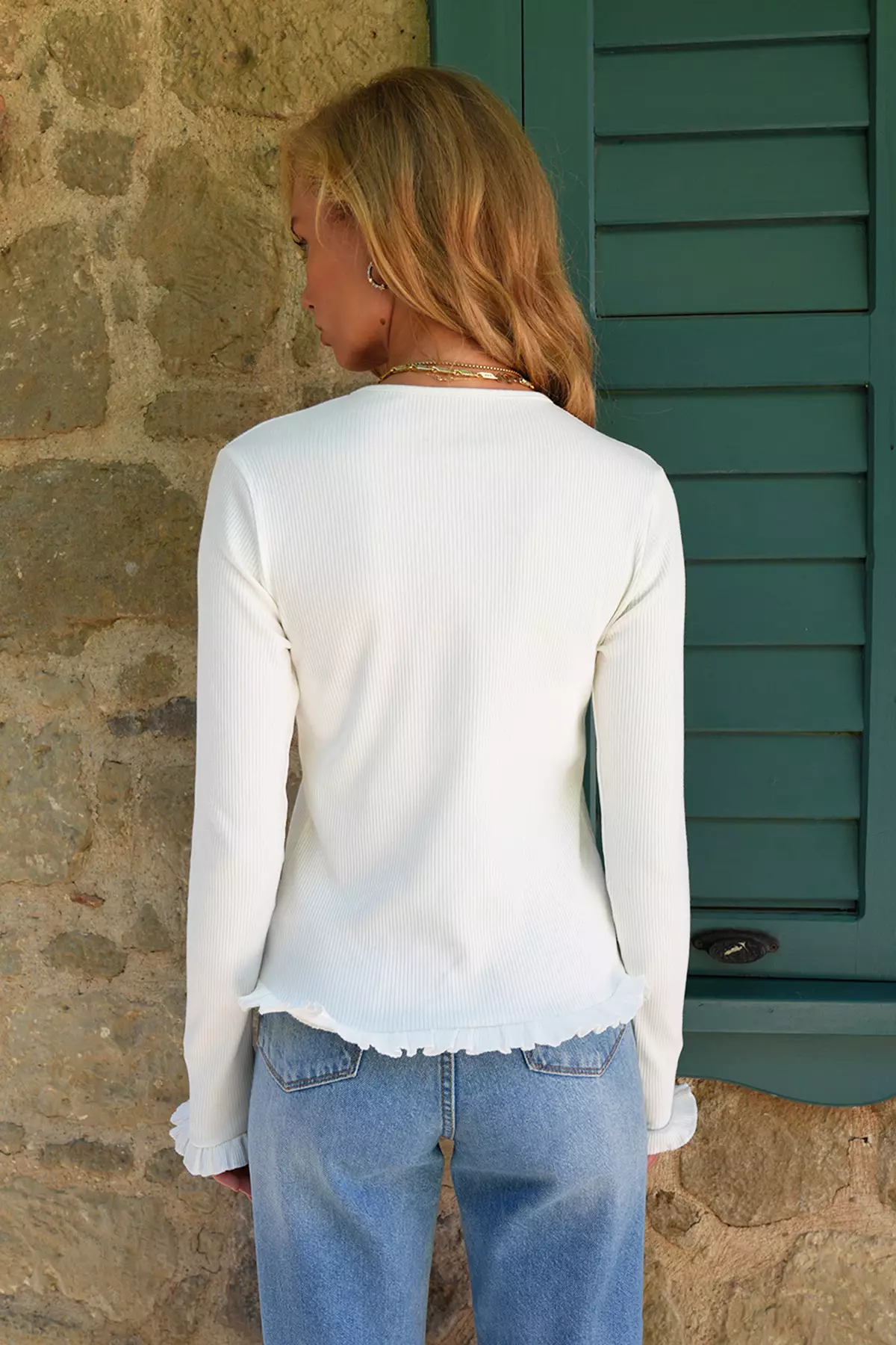 Women's Ecru Crew Neck Ruffle Detailed Button-Front Knitted Blouse Alc-X14533