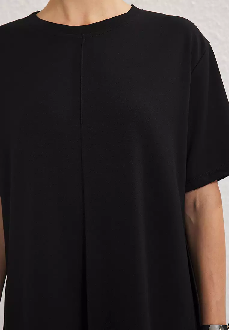 Black Soft Ribbed Shift/Straight Cut Mini Knit Dress TWOSS25EL00778