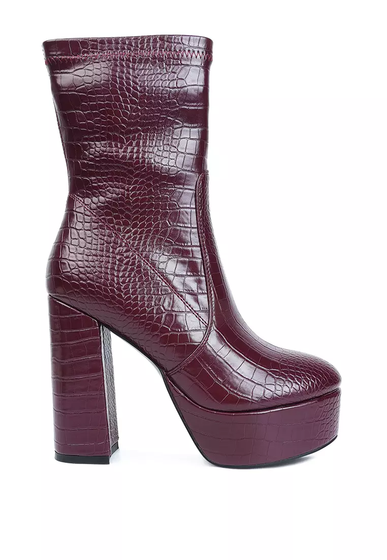 Burgundy croc ankle boots shop