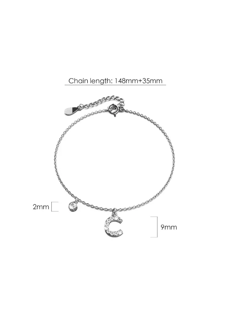 Solid 925 Sterling Silver Initial Crystal Personalised Alphabet Letter Bracelet Silver- C
