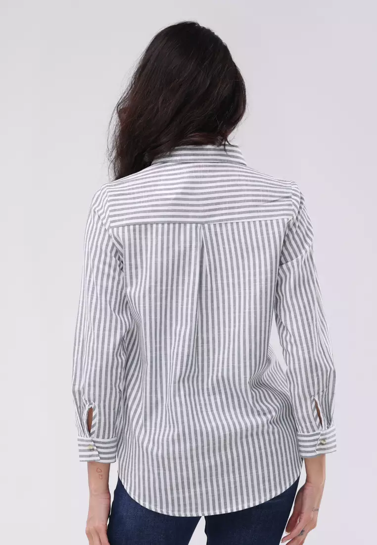 Stripes Linen Long Sleeves Button Down Collared Blouse