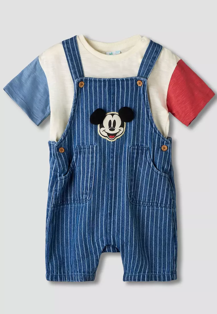 Babyshop Disney Crew Neck Short Sleeves T-Shirt And Dungaree Set With Stripes And Mickey Mouse Applique