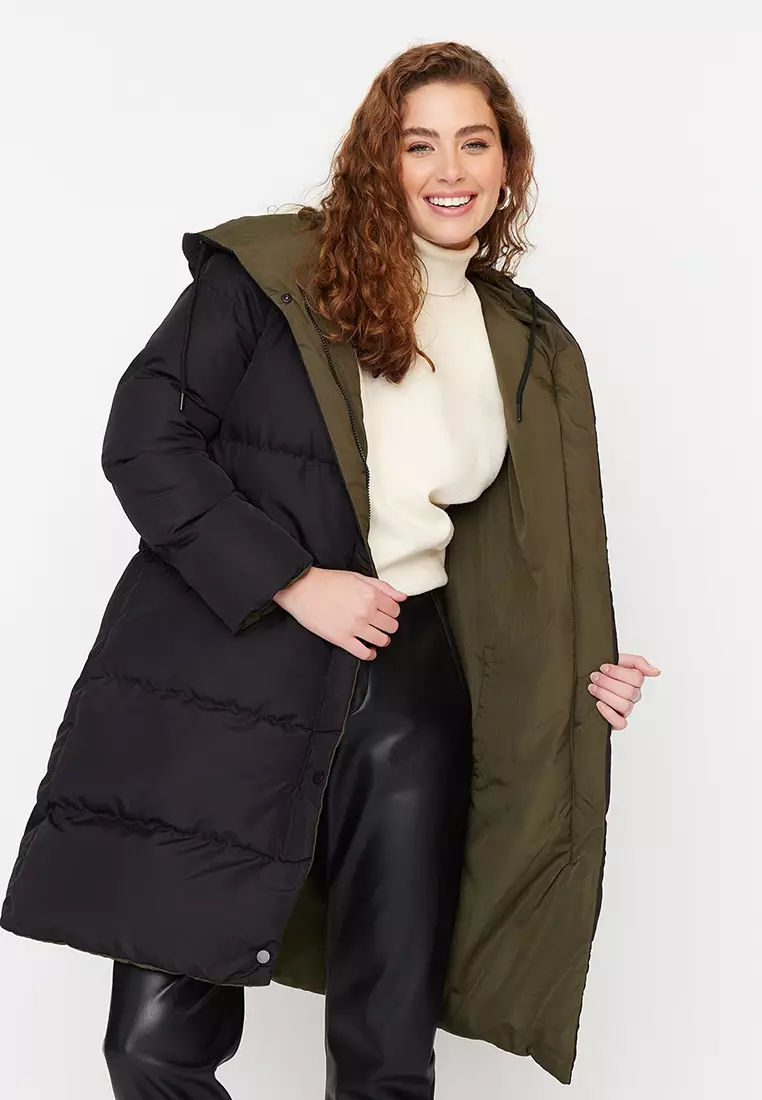 Black-Khaki Double Sided Hooded Water Repellent Long Puffer Jacket TWOAW23MO00052