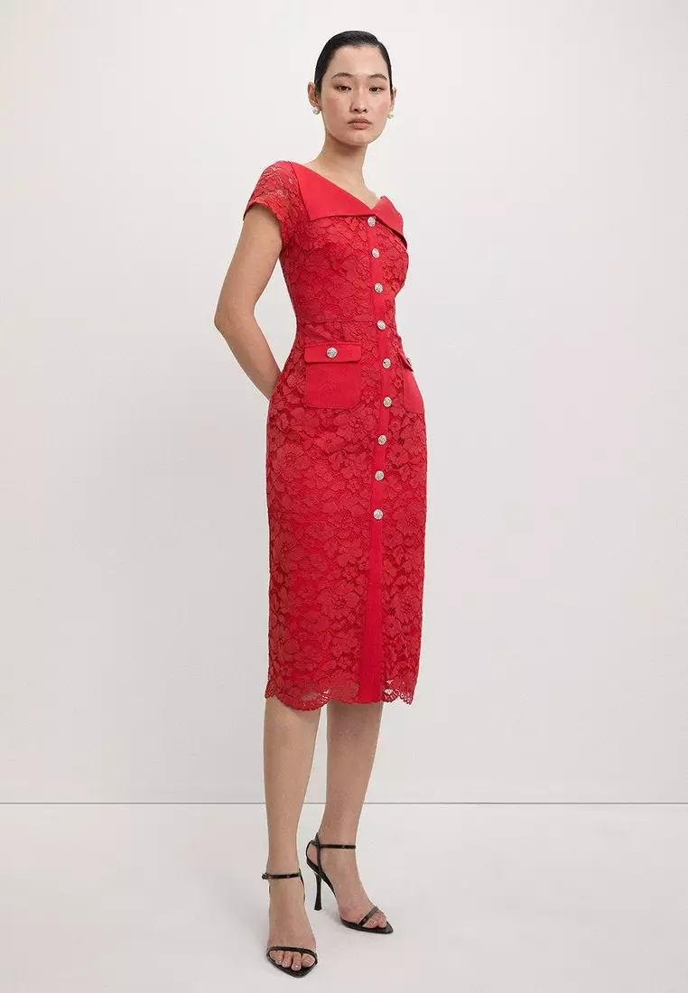 Lace Button-Up Midi Dress - Red