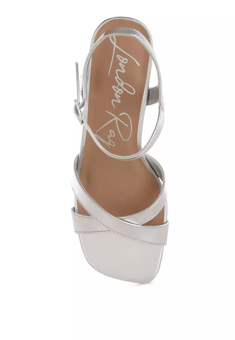 Square Toe Block Heel Sandals in Silver
