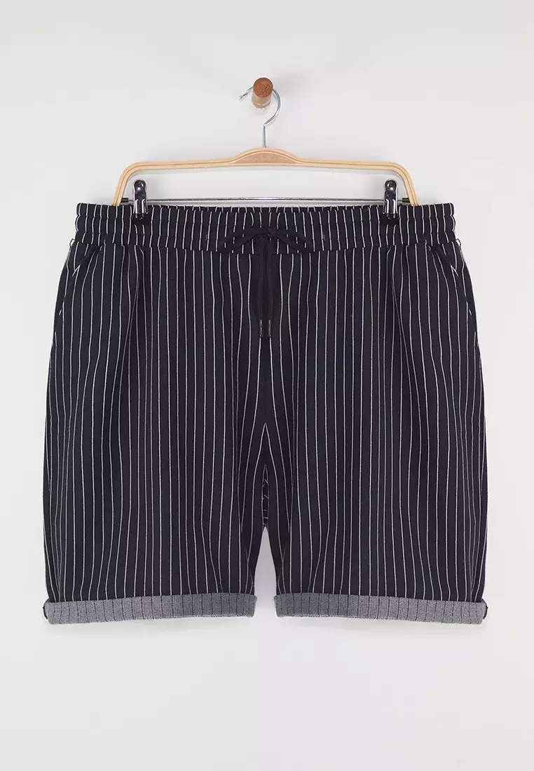 Plus Size Navy Blue Regular Comfort Striped 100% Cotton Shorts TMNSS23SR00045