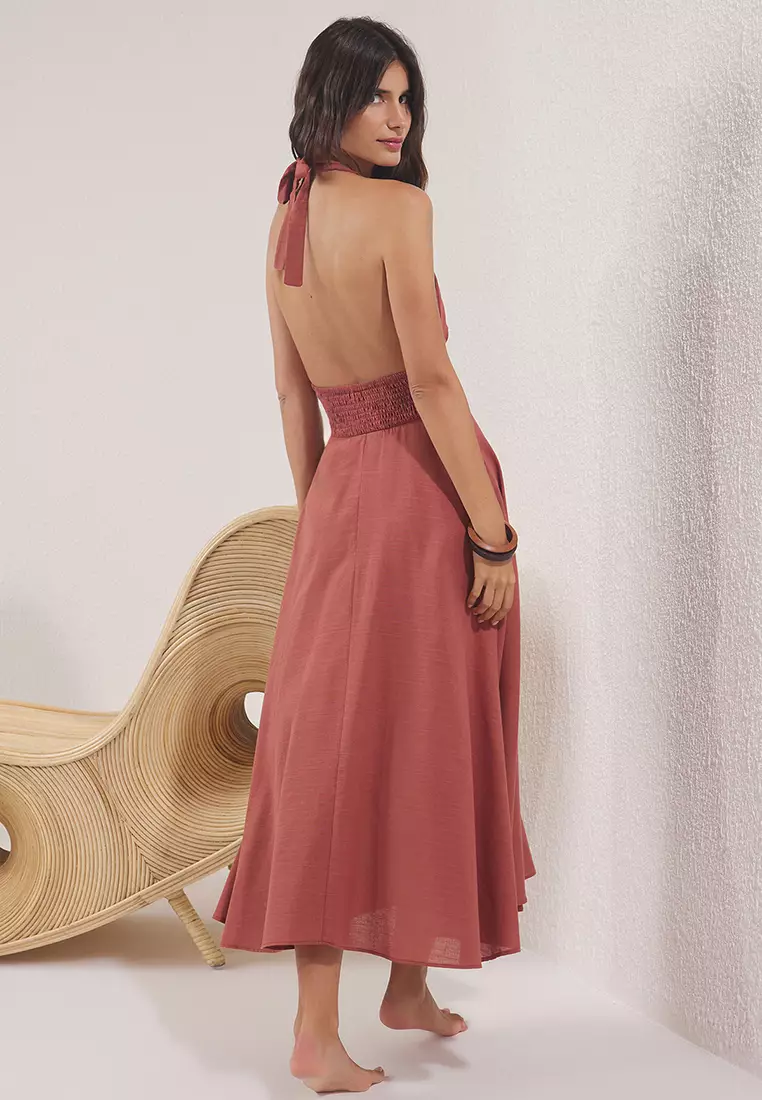 Brown Woven Midi Halter 100% Cotton Beach Dress Tbess25El00129