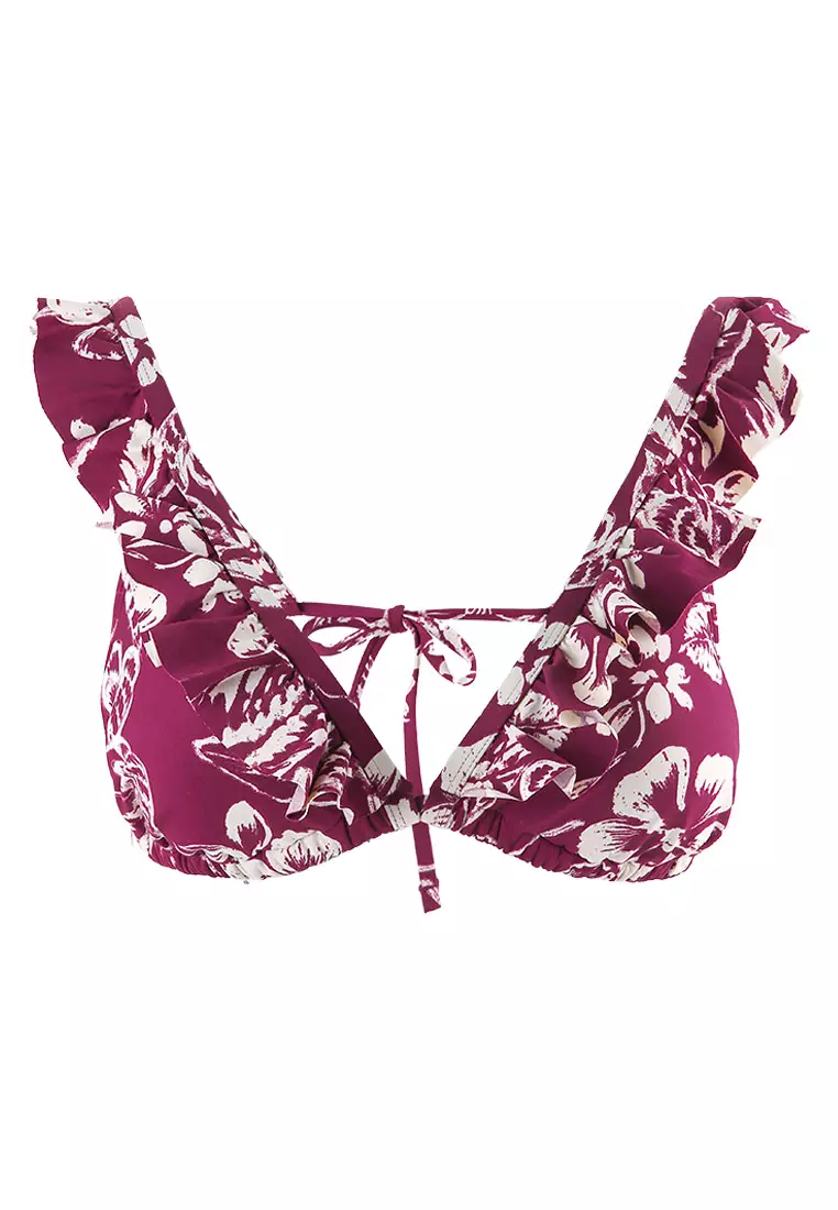 Printed Ruffle Plunge Bikini Top