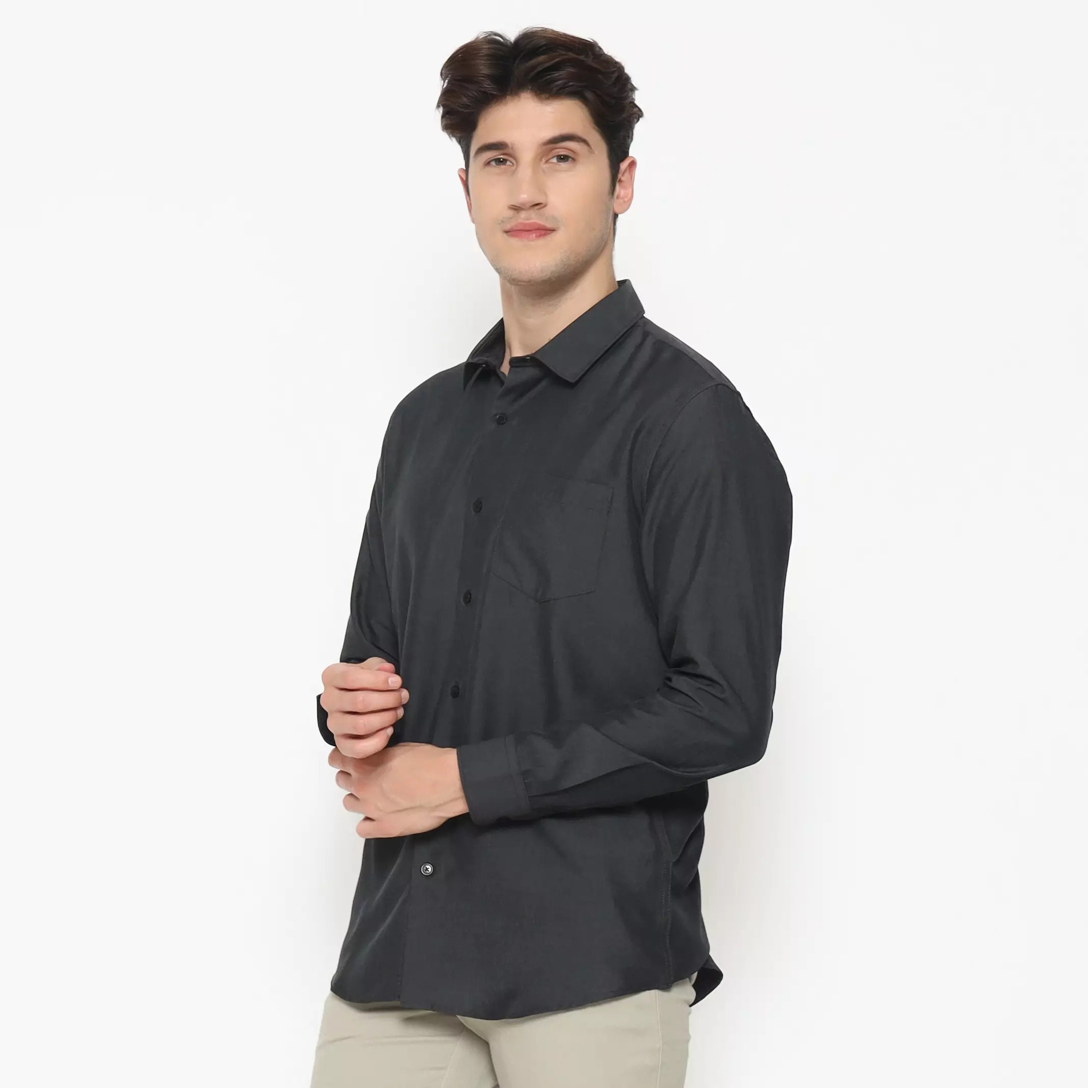 MAGINOT Kemeja Pria Basic Polos Panjang CHARCOAL