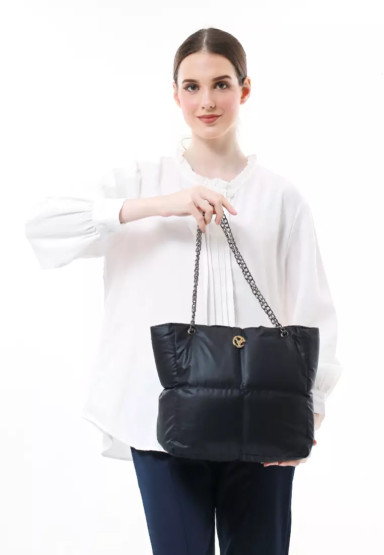Reina Puffy Bag Two Ropes Smooth Shiny And Plain - Hitam