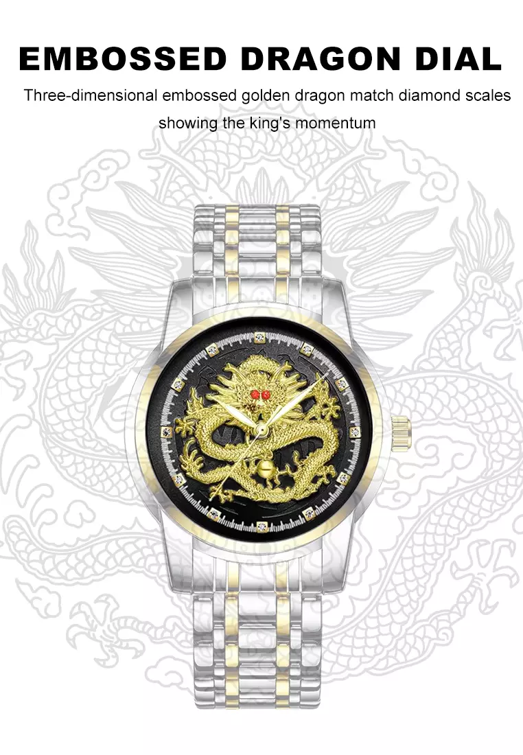 Jam Tangan Pria 9002 Naga Emas Stainless Steel Quartz Original Dragon Gold Kuning Jam Tangan Cowok gold black