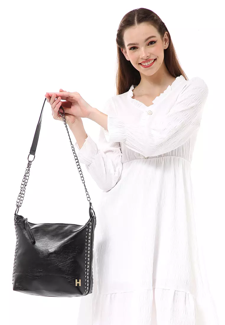 Laura Tas Kerja Wanita Motif Polos Tote Bag Large Compartment Material Leather ORIGINAL - Black