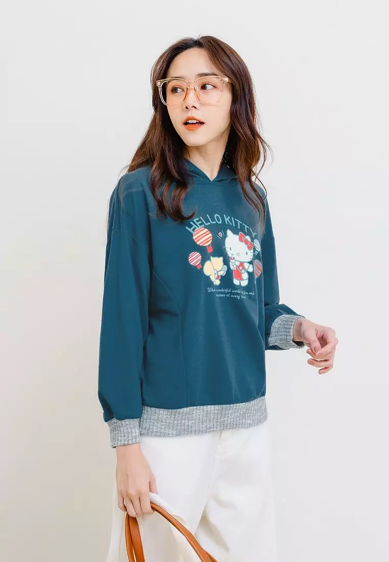 玩轉百tee．KITTY環島台灣羅紋配色連帽大學T《KB1440》