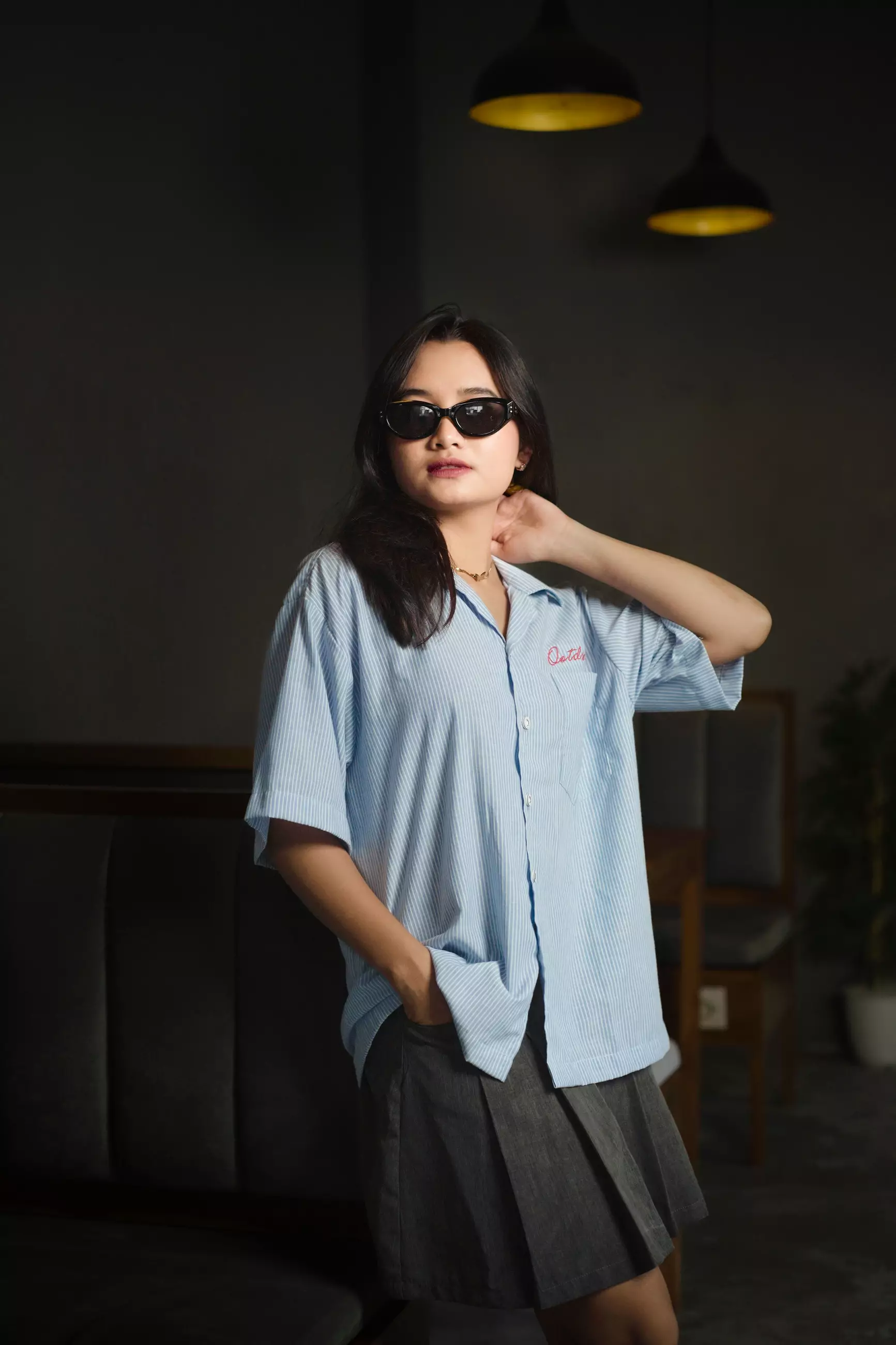 OOTDSUPPLY Kemeja Stripe Casual Blue Wave Embroidery Black & Blue | Kemeja Salur | Relaxed Shirt Pendek | KMJRSBWE