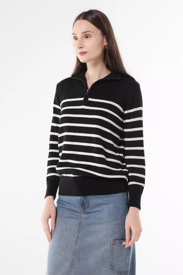 MINIMAL - Reeny - Sweater Rajut Zipper Motif Garis - Black