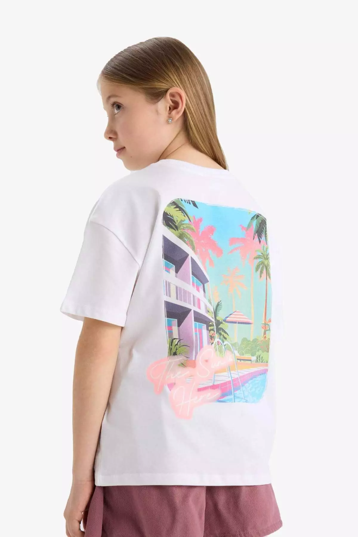 Girls' Oversize Wide Fit Crew Neck Back Printed Short Sleeve T-Shirt E6742A825Hs