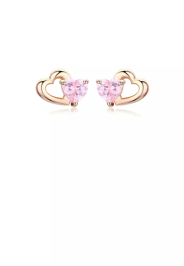925 Sterling Silver Plated Rose Gold Cute and Sweet Hollow Heart shaped Stud Earrings with Cubic Zirconia