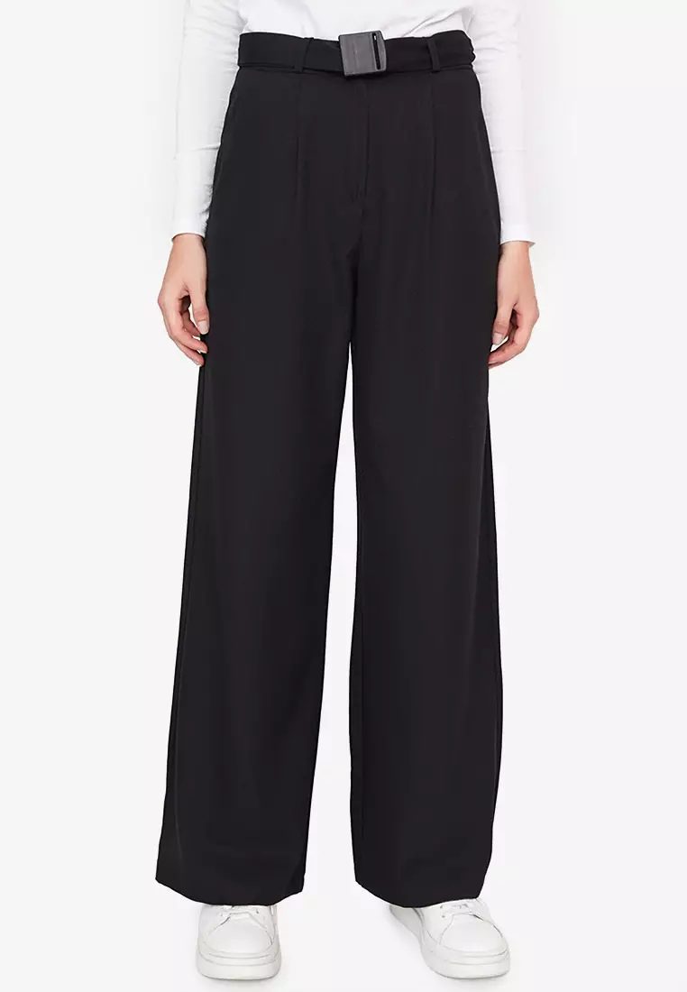 Solid High Waisted Belted Pants