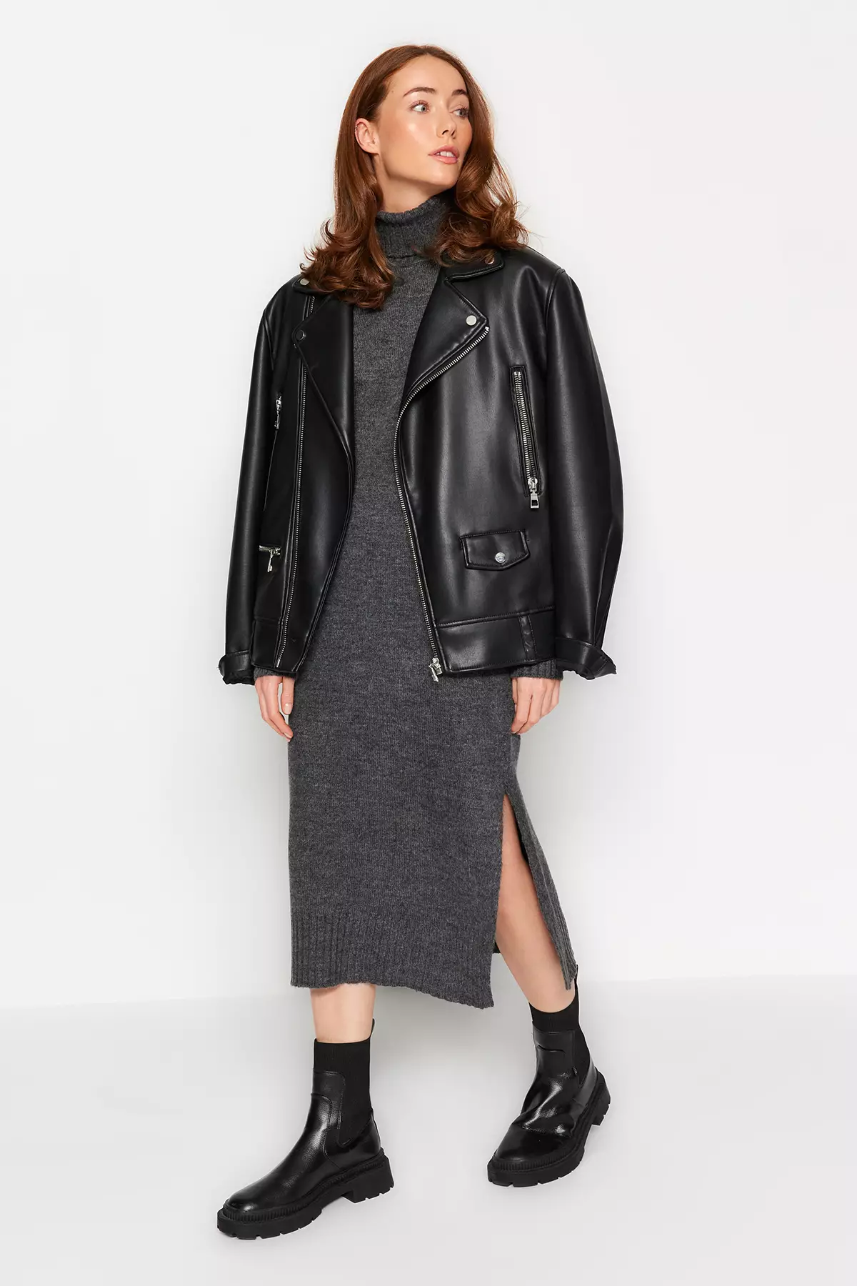 Anthracite Midi Wide Fit Soft Texture Knitwear Dress