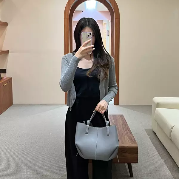 Tas POLENE CYME GREY STONE WITH ECRU STITCHING TOTE BAG WITH POUCH MINI 100% ORIGINAL