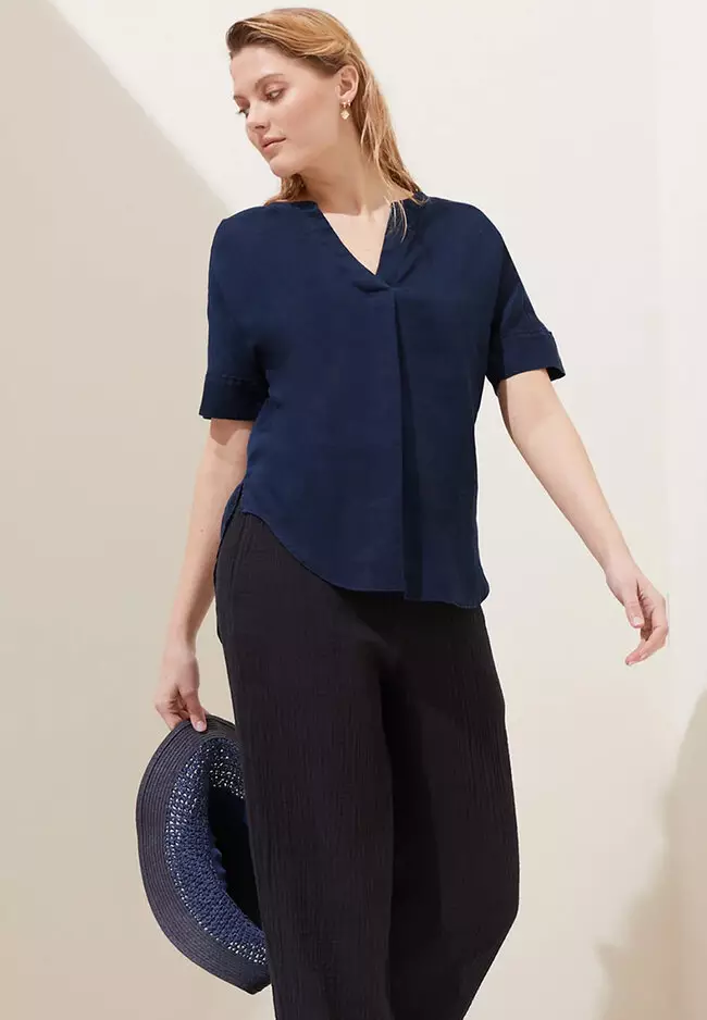 Pure Linen Short Sleeve Popover Blouse