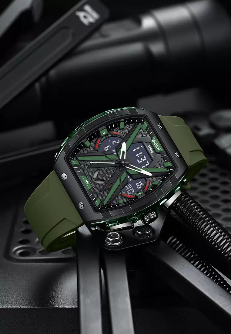 Jam Tangan Pria Original Multifungsi Analog & Digital Anti Air Tali Silicone Jam Tangan Cowok greenblack