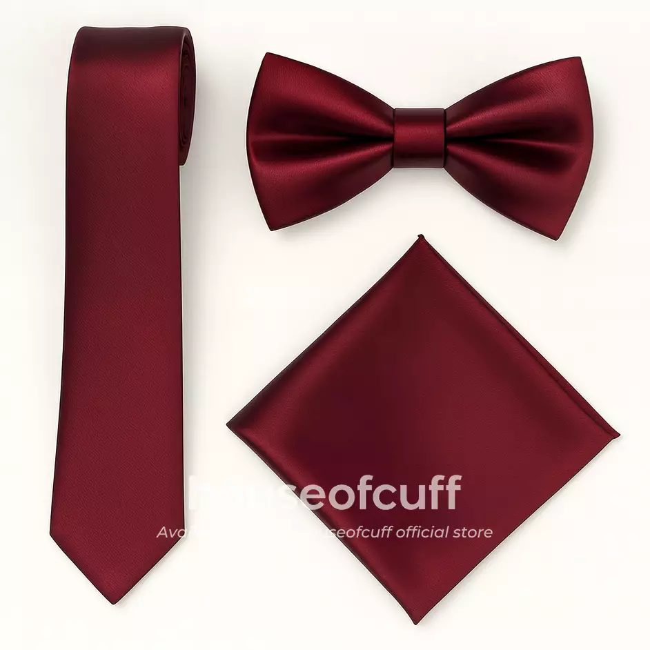Houseofcuff dasi panjang dasi kupu pocket square satin Maroon