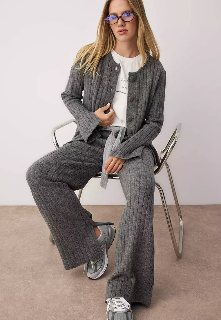 Anthracite Soft Texture Sweater Pants Knitwear Bottom Top Set
