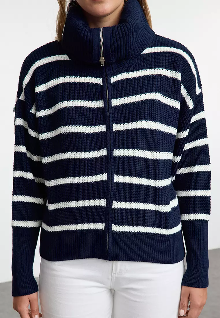 Navy Blue*001 Striped Wide Pattern Turn-Down Collar Zippered Knitwear Cardigan
